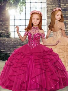 Gorgeous Sleeveless Lace Up Child Pageant Dress Fuchsia Tulle