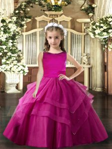 Custom Designed Fuchsia Lace Up Scoop Ruffled Layers Evening Gowns Tulle Sleeveless