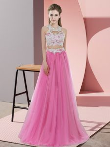 High End Rose Pink Zipper Bridesmaid Gown Lace Sleeveless Floor Length