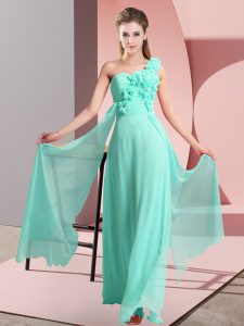 Graceful One Shoulder Sleeveless Bridesmaid Dress Floor Length Hand Made Flower Apple Green Chiffon