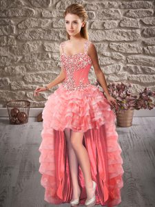 Noble Watermelon Red Prom Dresses Prom and Party with Beading and Ruffled Layers Straps Sleeveless Lace Up