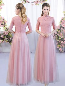 High End Pink Dama Dress for Quinceanera Wedding Party with Lace High-neck Half Sleeves Zipper