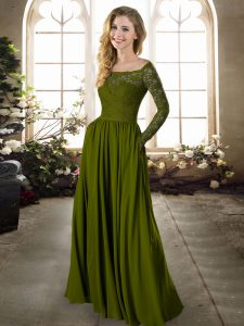 Free and Easy Olive Green Long Sleeves Floor Length Lace Zipper Bridesmaids Dress