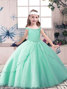 Great Off The Shoulder Sleeveless Pageant Gowns For Girls Floor Length Beading Green Tulle