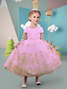 Custom Designed Scoop Short Sleeves Lace Up Flower Girl Dress Lilac Tulle