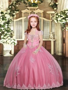 Pink Sleeveless Appliques Floor Length Pageant Gowns For Girls