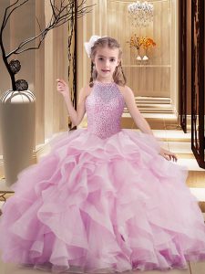 Lilac High-neck Lace Up Beading and Ruffles Child Pageant Dress Sleeveless
