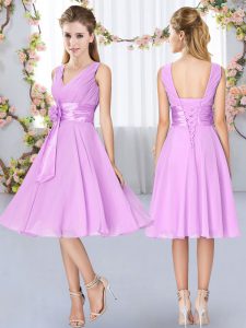 Custom Designed Chiffon V-neck Sleeveless Lace Up Hand Made Flower Wedding Guest Dresses in Lilac