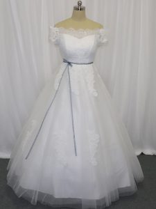 White Tulle Lace Up Off The Shoulder Short Sleeves Floor Length Wedding Dresses Lace and Belt