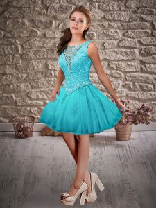 Scoop Sleeveless Prom Dresses Mini Length Beading and Appliques Aqua Blue Tulle
