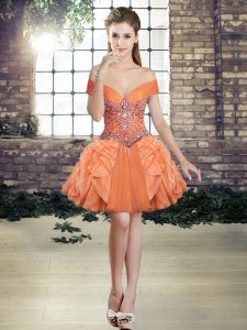 Orange Ball Gowns Tulle Off The Shoulder Sleeveless Beading and Ruffles Mini Length Lace Up Dress for Prom