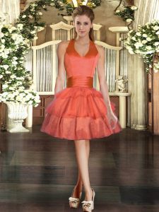 Adorable Mini Length Orange Red Prom Party Dress Halter Top Sleeveless Lace Up