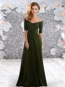 Olive Green Empire Off The Shoulder Half Sleeves Chiffon Floor Length Zipper Beading and Lace Dress for Prom