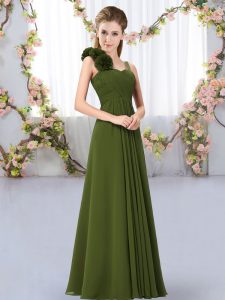 Glorious Olive Green Chiffon Lace Up Straps Sleeveless Floor Length Wedding Guest Dresses Hand Made Flower