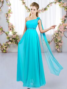 One Shoulder Sleeveless Chiffon Court Dresses for Sweet 16 Beading and Hand Made Flower Lace Up