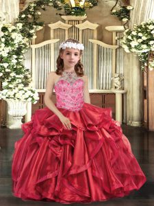 Halter Top Sleeveless Pageant Dress for Girls Floor Length Beading and Ruffles Red Organza