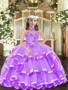 Lavender High School Pageant Dress Party and Wedding Party with Appliques and Ruffled Layers High-neck Sleeveless Lace U
