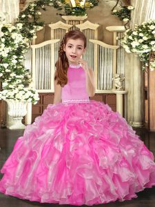 Affordable Rose Pink Organza Backless High-neck Sleeveless Floor Length Custom Made Pageant Dress Beading and Ruffles