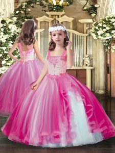 Beauteous Hot Pink Straps Neckline Beading Little Girls Pageant Gowns Sleeveless Lace Up