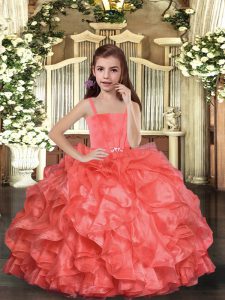 Super Coral Red Sleeveless Ruffles Floor Length Little Girl Pageant Gowns