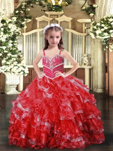 Red Ball Gowns Straps Sleeveless Organza Floor Length Lace Up Beading Little Girl Pageant Dress