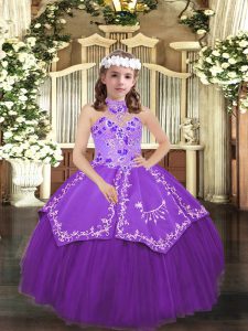 Eggplant Purple Ball Gowns Tulle Halter Top Sleeveless Embroidery Floor Length Lace Up Pageant Gowns For Girls
