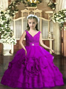 Great Purple V-neck Backless Beading and Ruching Evening Gowns Sleeveless