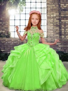 Sleeveless Organza Floor Length Lace Up Glitz Pageant Dress in Green with Beading and Ruffles