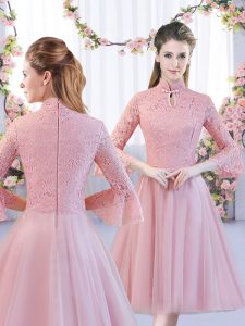 Enchanting Tea Length A-line 3 4 Length Sleeve Pink Bridesmaid Gown Zipper
