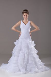 Best Selling Organza V-neck Sleeveless Brush Train Lace Up Ruffled Layers Wedding Gowns in White