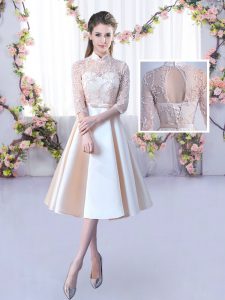 Sophisticated A-line Wedding Party Dress Champagne High-neck Satin Half Sleeves Tea Length Lace Up