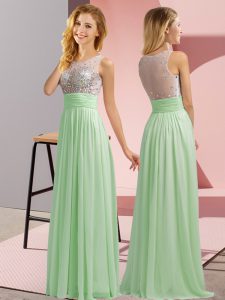 Graceful Apple Green Side Zipper Bridesmaid Gown Beading Sleeveless Floor Length