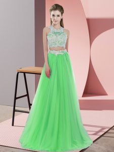 Fancy Halter Top Sleeveless Quinceanera Court of Honor Dress Floor Length Lace Green Tulle