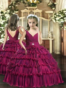 Dramatic Beading and Ruffled Layers Little Girls Pageant Gowns Fuchsia Backless Sleeveless Floor Length