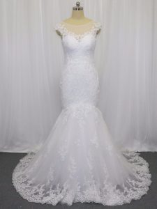 Sexy White Tulle Clasp Handle Scoop Sleeveless Bridal Gown Brush Train Lace