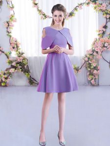 Decent Lavender A-line Chiffon Scoop Half Sleeves Ruching Mini Length Zipper Bridesmaids Dress