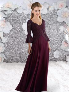 Custom Made Burgundy Empire V-neck 3 4 Length Sleeve Chiffon Floor Length Zipper Lace Prom Dress