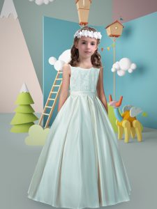 Sophisticated White A-line Scoop Sleeveless Satin Floor Length Zipper Lace and Bowknot Flower Girl Dresses