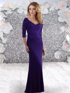 Ideal Column/Sheath Half Sleeves Purple Evening Dress Sweep Train Zipper