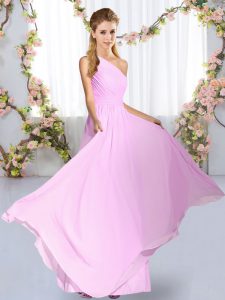 High Class Lilac Empire Chiffon One Shoulder Sleeveless Ruching Floor Length Lace Up Wedding Guest Dresses