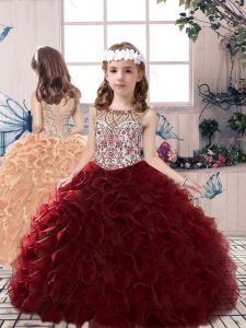 Burgundy Lace Up Scoop Beading and Ruffles Little Girl Pageant Dress Organza Sleeveless