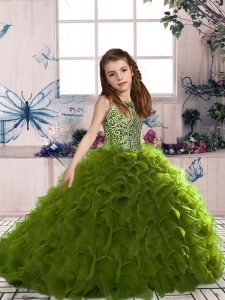 Classical Olive Green Lace Up Little Girls Pageant Gowns Beading and Ruffles Sleeveless Floor Length