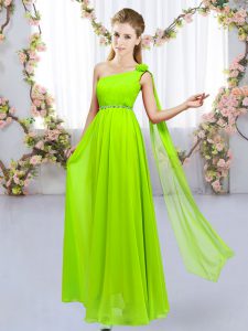 Yellow Green Chiffon Lace Up One Shoulder Sleeveless Floor Length Dama Dress Beading and Hand Made Flower