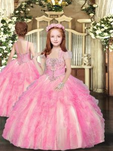 Beading and Ruffles Little Girl Pageant Gowns Baby Pink Lace Up Sleeveless Floor Length