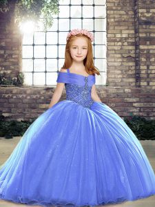 High Class Blue Straps Neckline Beading Child Pageant Dress Sleeveless Lace Up