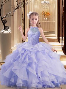 High-neck Sleeveless High School Pageant Dress Beading and Ruffles Brush Train Lace Up