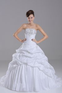 Strapless Sleeveless Brush Train Lace Up Wedding Gown White Taffeta