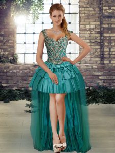 Teal Lace Up Prom Evening Gown Beading Sleeveless High Low