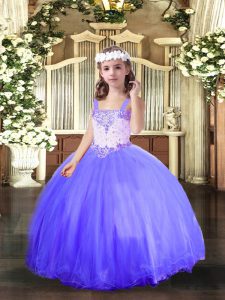 Wonderful Blue Ball Gowns Straps Sleeveless Tulle Floor Length Lace Up Beading Little Girl Pageant Dress