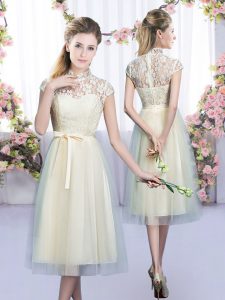 Champagne Cap Sleeves Tea Length Lace and Bowknot Zipper Wedding Party Dress